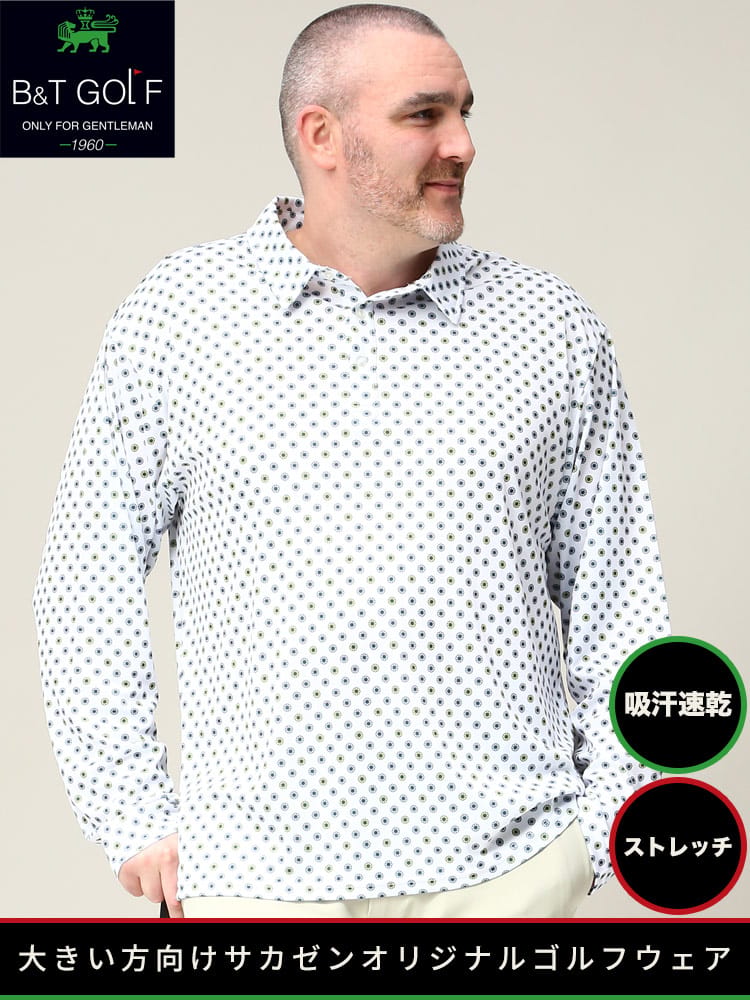 大きいサイズ メンズ B＆T GOLF (ビーアンドティーゴルフ) ゴルフ 総柄 長袖 ポロシャツ