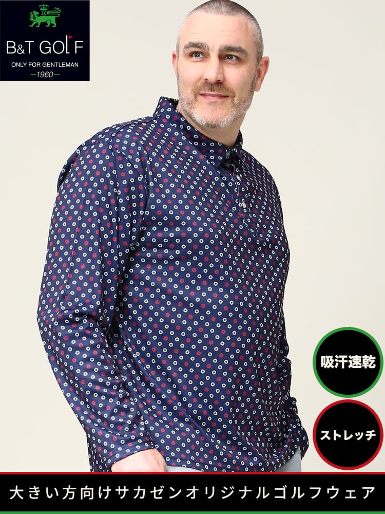 大きいサイズ メンズ B＆T GOLF (ビーアンドティーゴルフ) ゴルフ 総柄 長袖 ポロシャツ