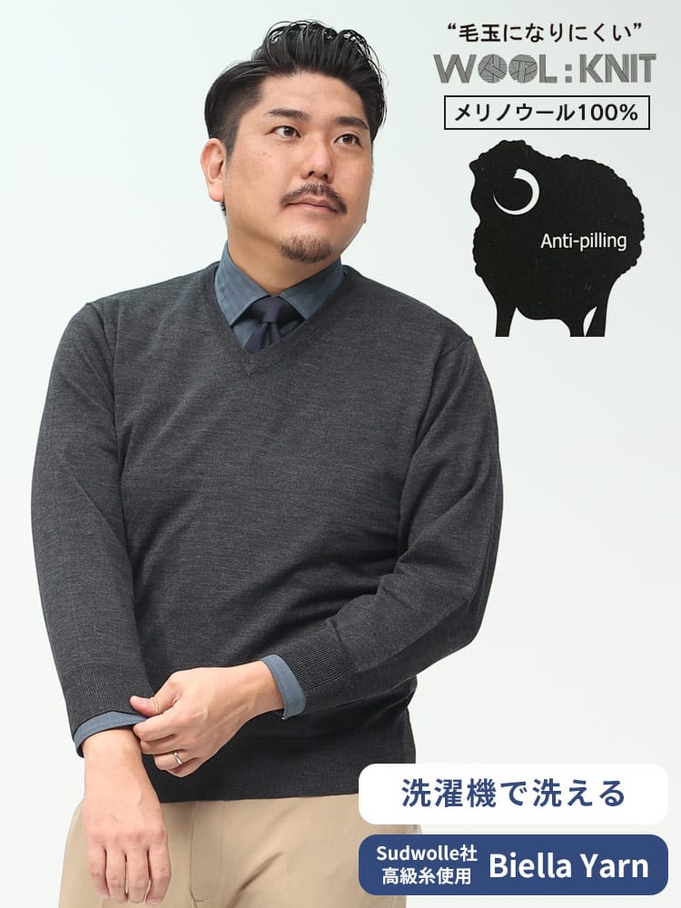 在庫処分 返品交換不可 大きいサイズ メンズ B＆T CLUB (ビーアンドティークラブ) 天竺編み 洗えるニット 無地 Vネック セーター