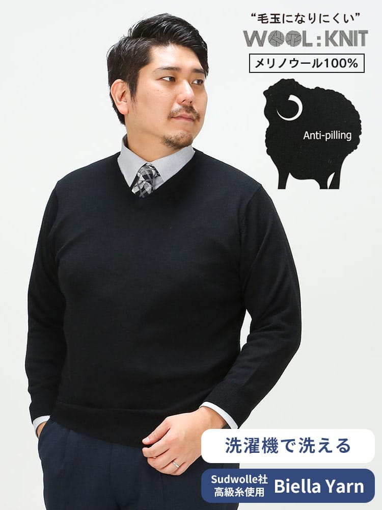 在庫処分 返品交換不可 大きいサイズ メンズ B＆T CLUB (ビーアンドティークラブ) 天竺編み 洗えるニット 無地 Vネック セーター