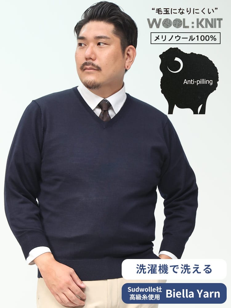 在庫処分 返品交換不可 大きいサイズ メンズ B＆T CLUB (ビーアンドティークラブ) 天竺編み 洗えるニット 無地 Vネック セーター