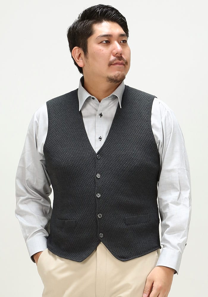 大きいサイズ メンズ B＆T CLUB (ビーアンドティークラブ) ウォッシャブル 変形バーズアイ ボタン ベスト