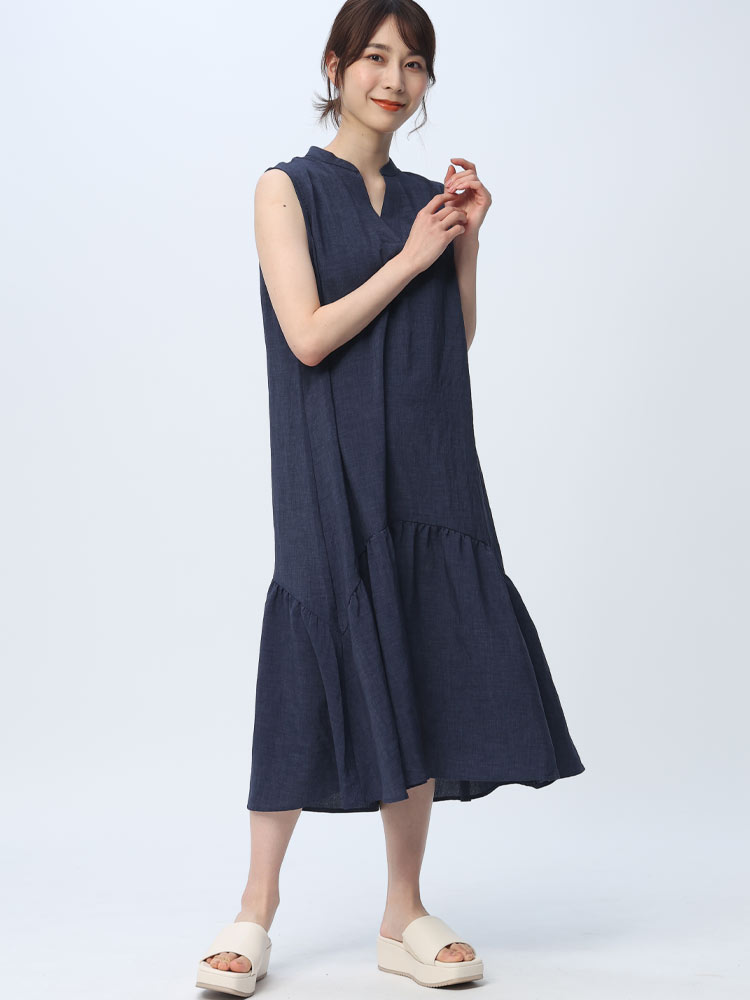 Lashikaru (ラシカル) 裾フレア ノースリーブ ワンピース | 大きい 