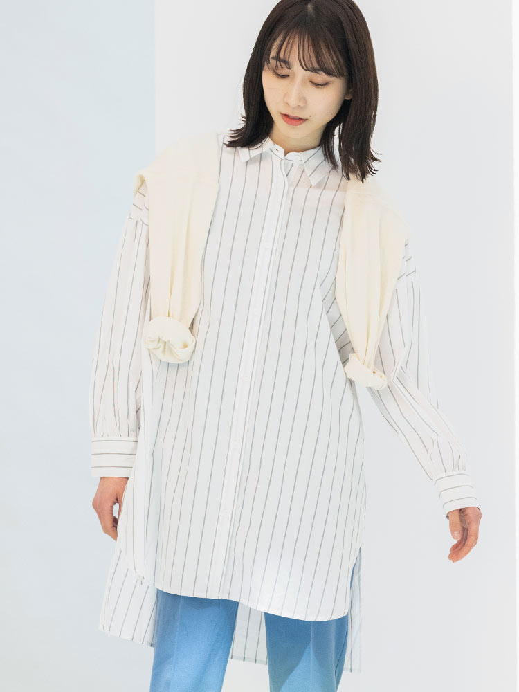 長袖シャツ（LL）ロングシャツ ストライプ 総柄