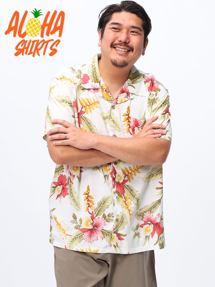 アロハシャツ レーヨン100％ 総柄 オープンカラー トップス シャツ 半袖 大きいサイズ メンズ 