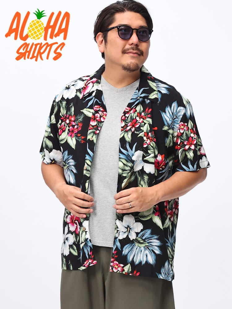 アロハシャツ レーヨン100％ 総柄 オープンカラー トップス シャツ 半袖 大きいサイズ メンズ 