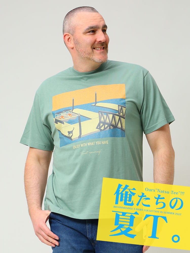 大きいサイズ メンズ B＆T CLUB (ビーアンドティークラブ) 綿100％ イラストフォトプリント クルーネック 半袖 Tシャツ 俺夏T