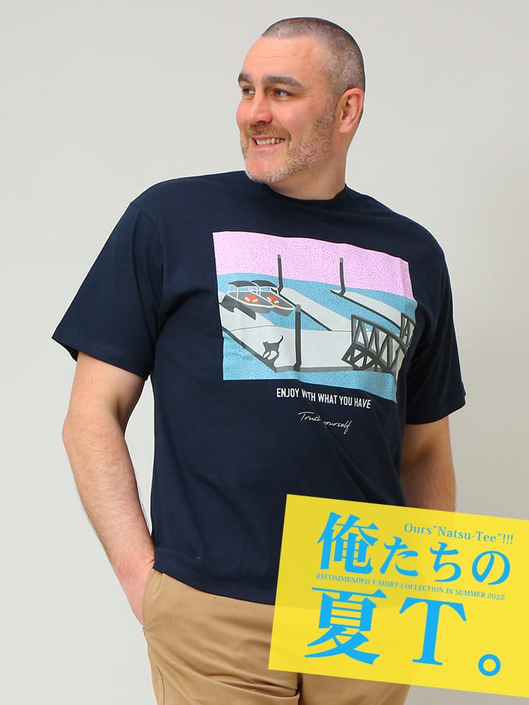 大きいサイズ メンズ B＆T CLUB (ビーアンドティークラブ) 綿100％ イラストフォトプリント クルーネック 半袖 Tシャツ 俺夏T