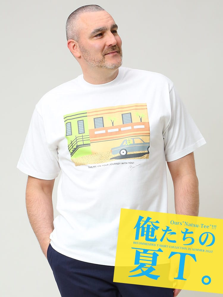 大きいサイズ メンズ B＆T CLUB (ビーアンドティークラブ) 綿100％ イラストフォトプリント クルーネック 半袖 Tシャツ 俺夏T