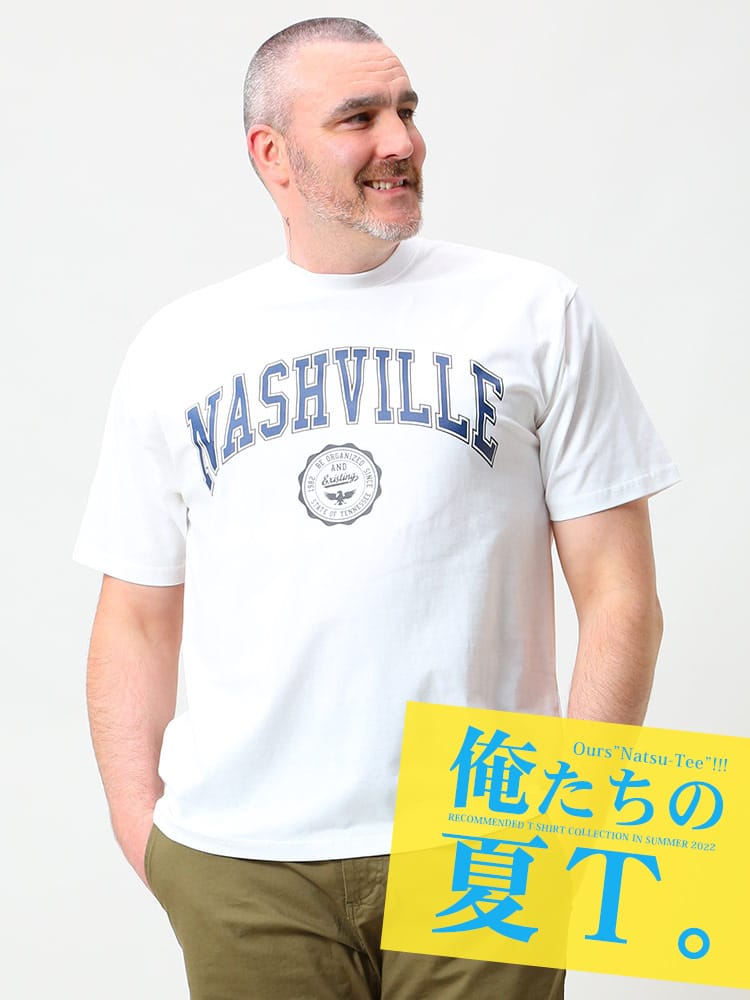 在庫処分 返品交換不可 大きいサイズ メンズ B＆T CLUB (ビーアンドティークラブ) NASHVILLE カレッジロゴ クルーネック 半袖 Tシャツ 俺夏T