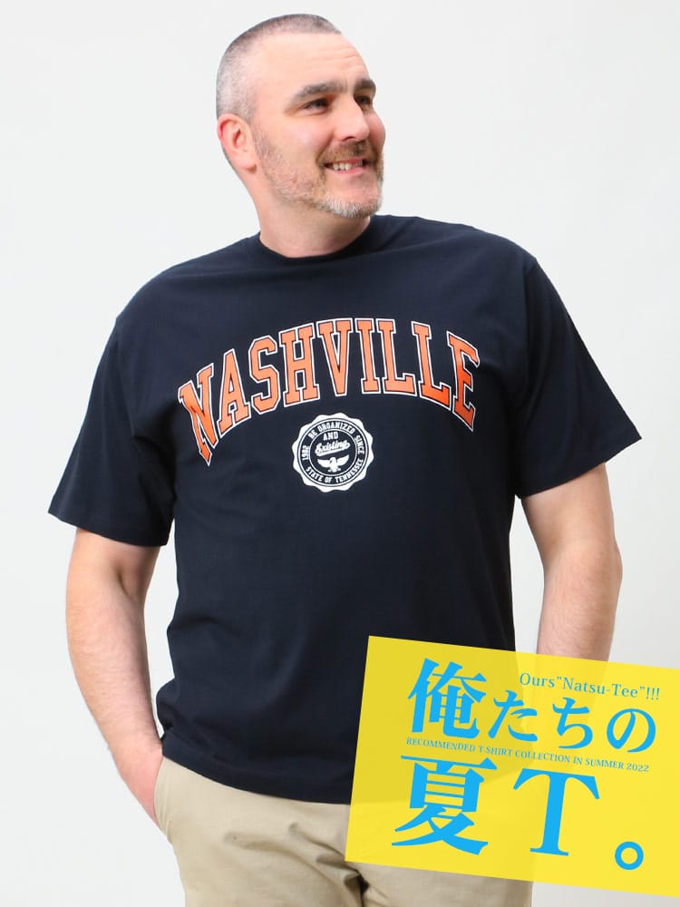 在庫処分 返品交換不可 大きいサイズ メンズ B＆T CLUB (ビーアンドティークラブ) NASHVILLE カレッジロゴ クルーネック 半袖 Tシャツ 俺夏T