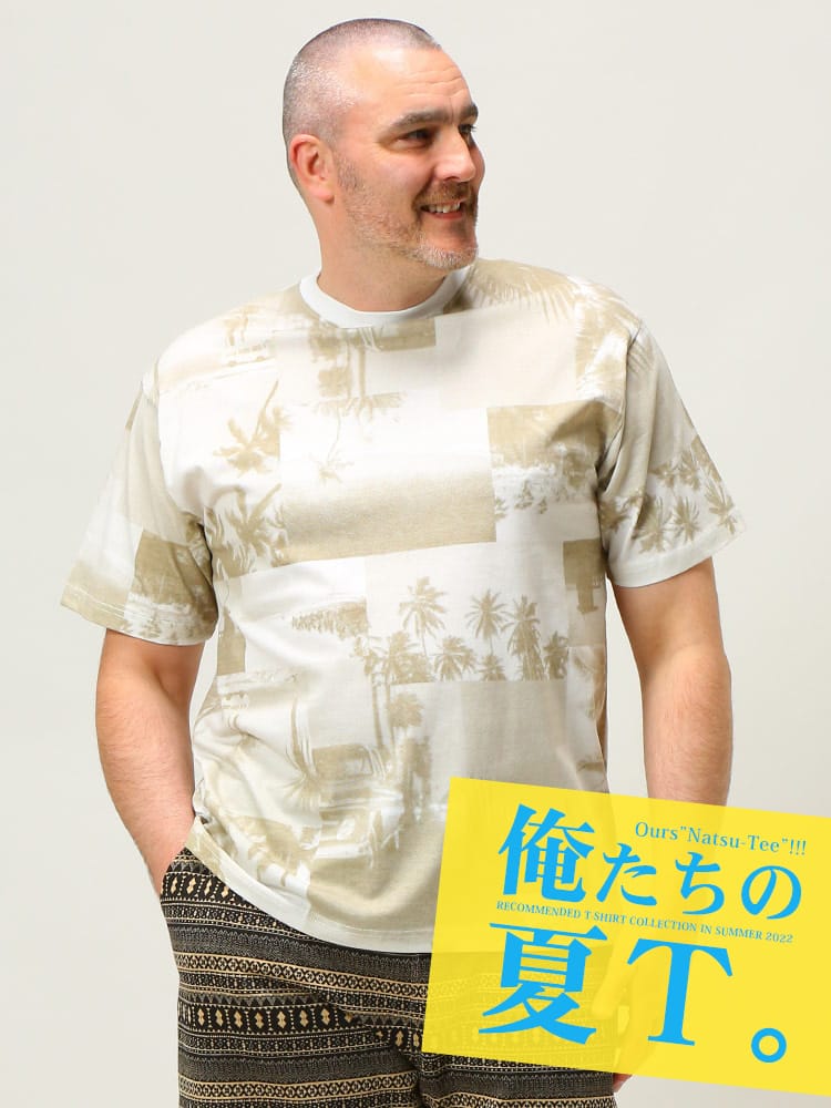 大きいサイズ メンズ B＆T CLUB (ビーアンドティークラブ) リゾート総柄 クルーネック 半袖 Tシャツ 俺夏T