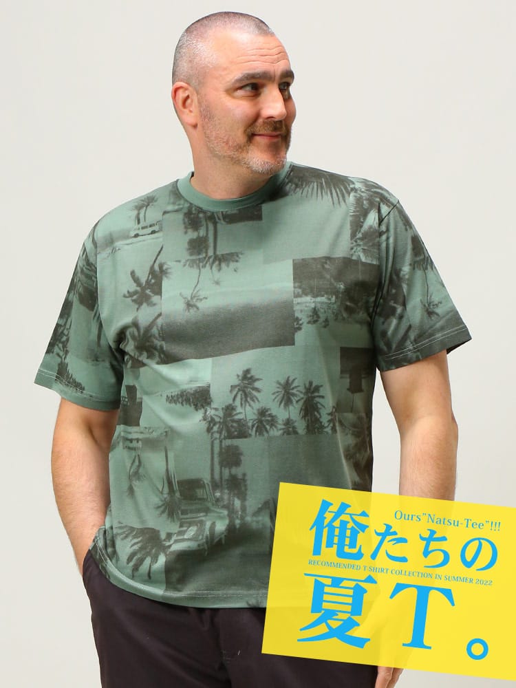 大きいサイズ メンズ B＆T CLUB (ビーアンドティークラブ) リゾート総柄 クルーネック 半袖 Tシャツ 俺夏T