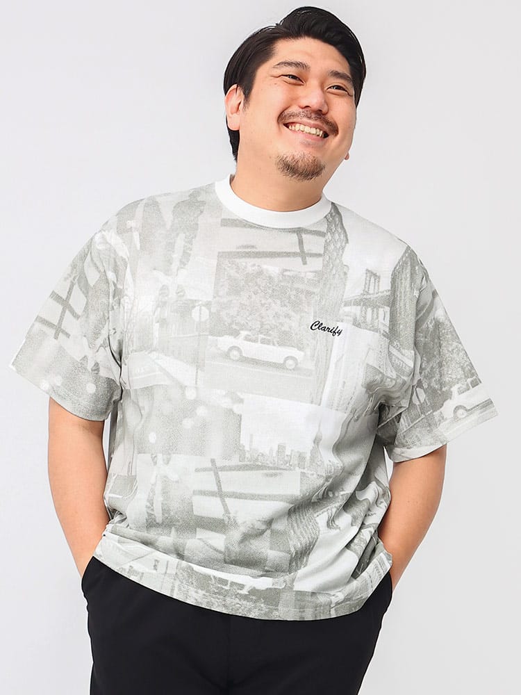 大きいサイズ メンズ B＆T CLUB (ビーアンドティークラブ) 総柄フォト クルーネック 半袖 Tシャツ