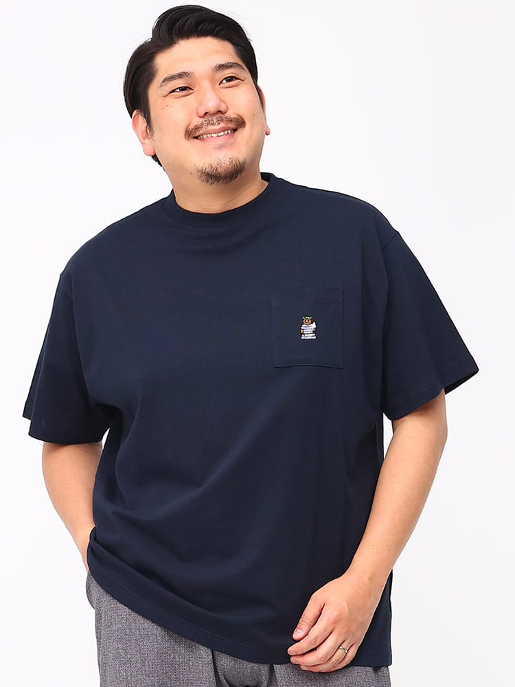 大きいサイズ メンズ B＆T CLUB (ビーアンドティークラブ) ベア ワンポイント刺繍 ポケット クルーネック 半袖 Tシャツ