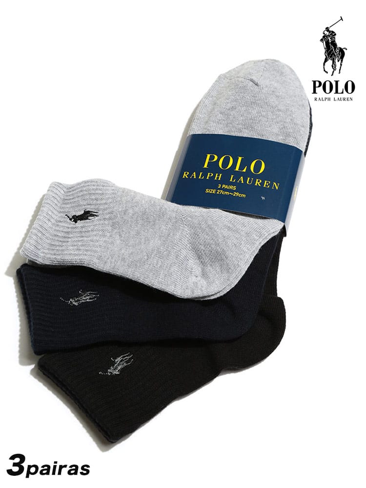 大きいサイズ メンズ POLO RALPH LAUREN ポロラルフローレン ワンポイントロゴ リブ クォーターソックス 靴下 3足セット