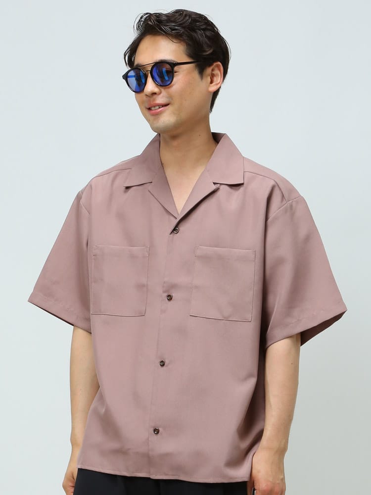 HALHAM (ハルハム) 無地 両胸ポケット オープンカラー 半袖 シャツ