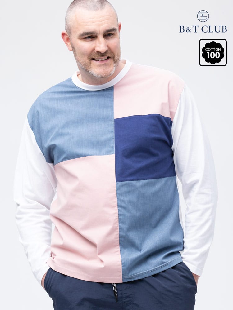大きいサイズ メンズ B＆T CLUB (ビーアンドティークラブ) USAコットン 異素材ブロック クルーネック 長袖 Tシャツ ロンT