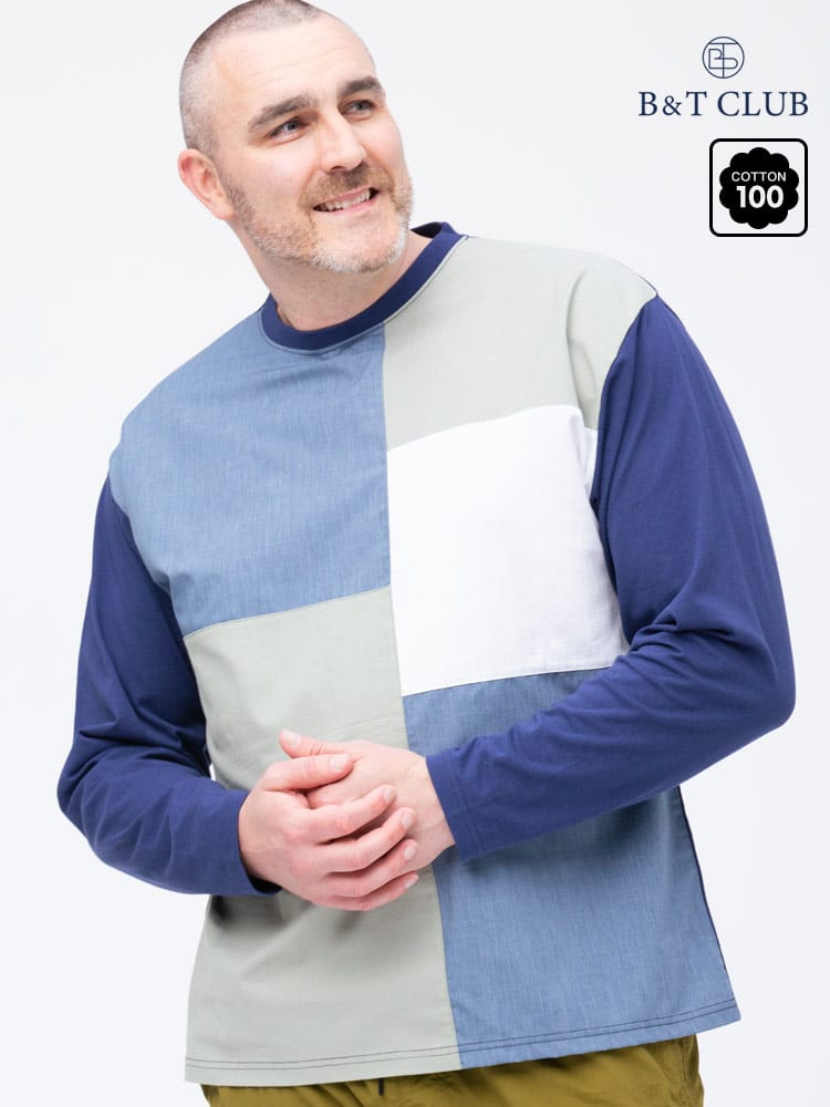 大きいサイズ メンズ B＆T CLUB (ビーアンドティークラブ) USAコットン 異素材ブロック クルーネック 長袖 Tシャツ ロンT