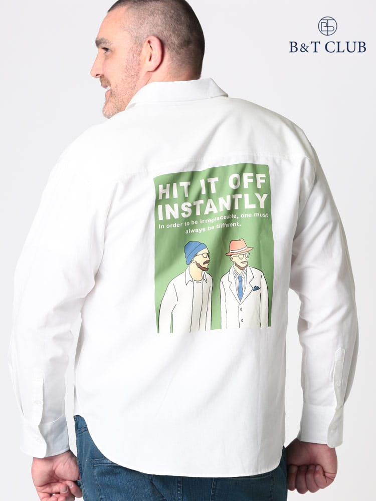 大きいサイズ メンズ B＆T CLUB (ビーアンドティークラブ) バックプリント シャンブレー 長袖 シャツ