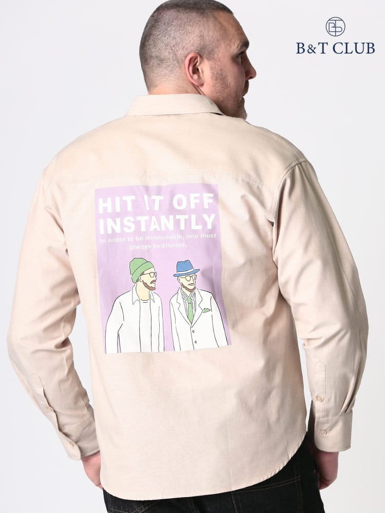 大きいサイズ メンズ B＆T CLUB (ビーアンドティークラブ) バックプリント シャンブレー 長袖 シャツ