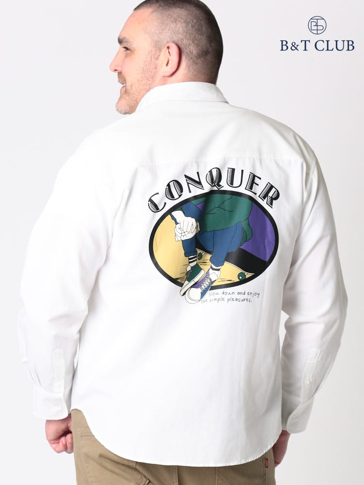 大きいサイズ メンズ B＆T CLUB (ビーアンドティークラブ) バックプリント シャンブレー 長袖 シャツ