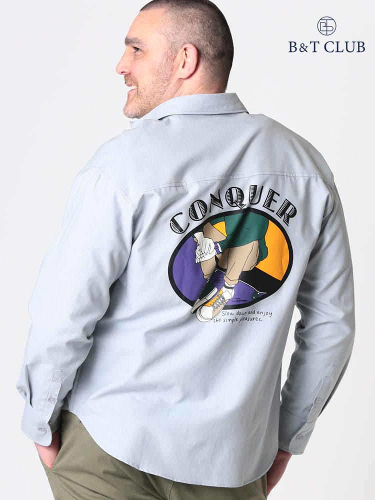 大きいサイズ メンズ B＆T CLUB (ビーアンドティークラブ) バックプリント シャンブレー 長袖 シャツ