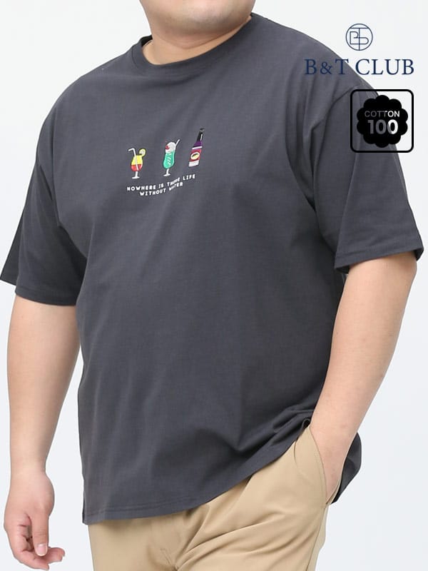 大きいサイズ メンズ B＆T CLUB (ビーアンドティークラブ) USAコットン 刺繍 プリント クルーネック 半袖 Tシャツ
