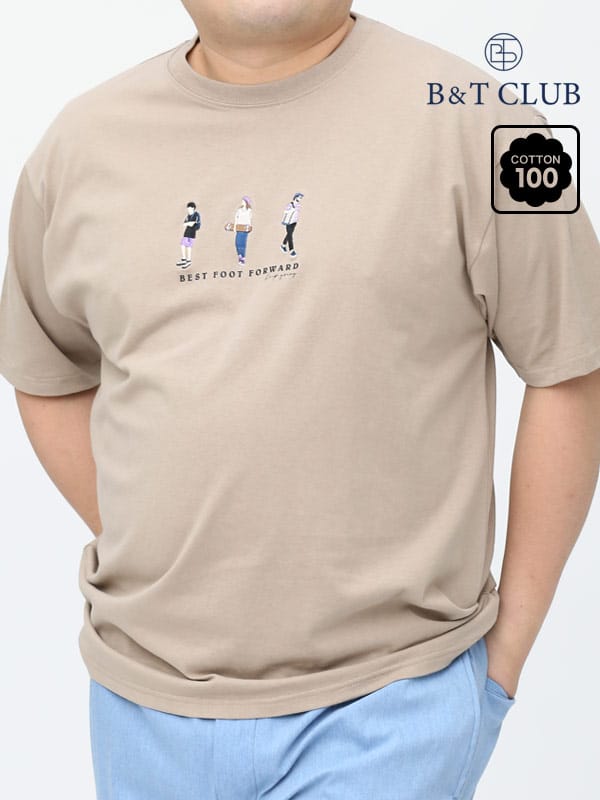 大きいサイズ メンズ B＆T CLUB (ビーアンドティークラブ) USAコットン 刺繍 プリント クルーネック 半袖 Tシャツ