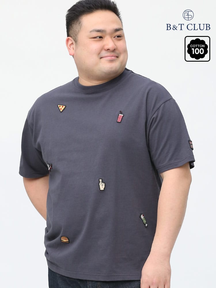 大きいサイズ メンズ B＆T CLUB (ビーアンドティークラブ) USAコットン 飛び柄ワッペン クルーネック 半袖 Tシャツ