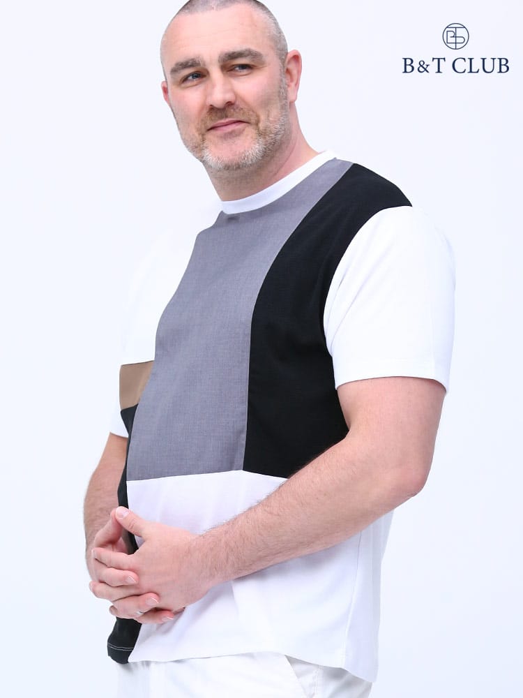 在庫処分 返品交換不可 大きいサイズ メンズ B＆T CLUB (ビーアンドティークラブ) 異素材 ブロック切り替え クルーネック 半袖 Tシャツ