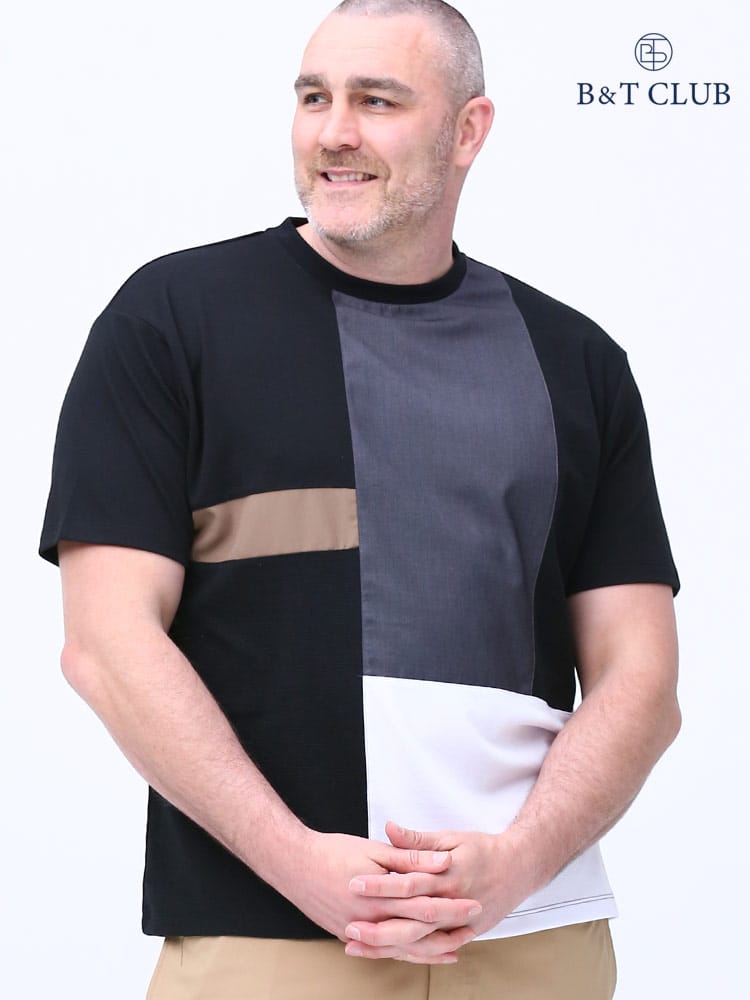 在庫処分 返品交換不可 大きいサイズ メンズ B＆T CLUB (ビーアンドティークラブ) 異素材 ブロック切り替え クルーネック 半袖 Tシャツ