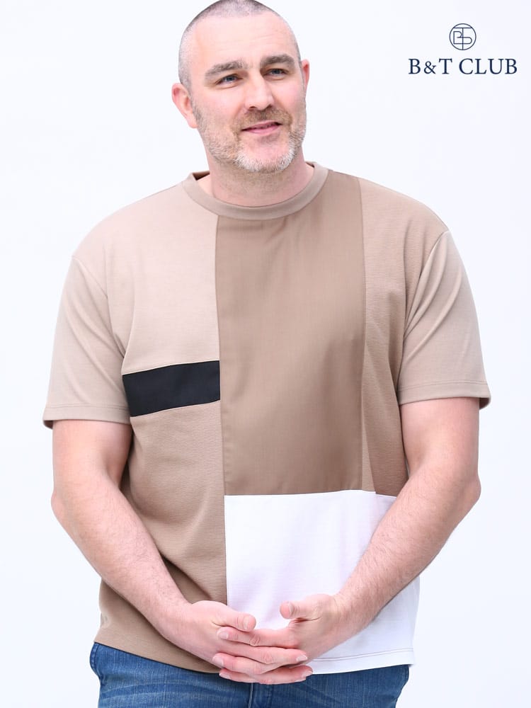 在庫処分 返品交換不可 大きいサイズ メンズ B＆T CLUB (ビーアンドティークラブ) 異素材 ブロック切り替え クルーネック 半袖 Tシャツ