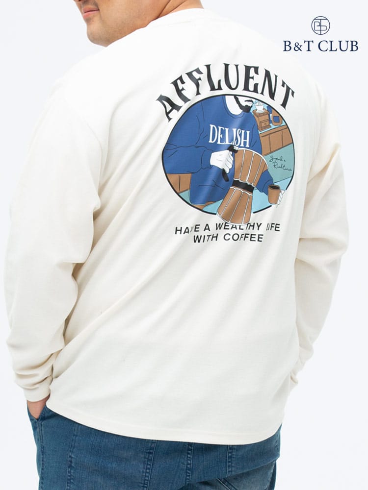 大きいサイズ メンズ B＆T CLUB (ビーアンドティークラブ) 胸刺繍 バックレトロイラスト クルーネック 長袖 Tシャツ ロンT