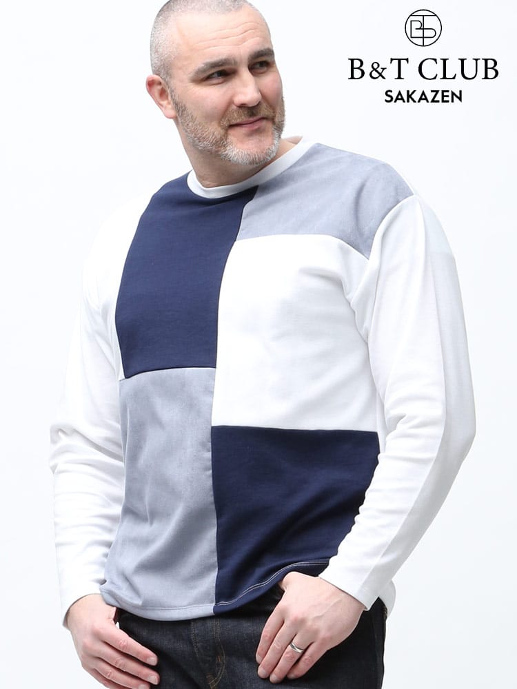 大きいサイズ メンズ B＆T CLUB スエード調 ブロック切り替え クルーネック 長袖 Tシャツ ロンT