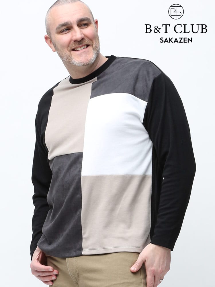 大きいサイズ メンズ B＆T CLUB スエード調 ブロック切り替え クルーネック 長袖 Tシャツ ロンT