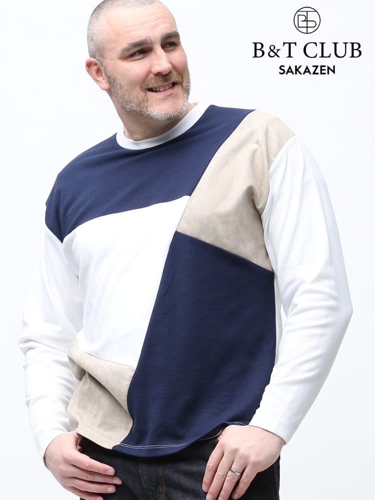 大きいサイズ メンズ B＆T CLUB スエード調 ブロック切り替え クルーネック 長袖 Tシャツ ロンT