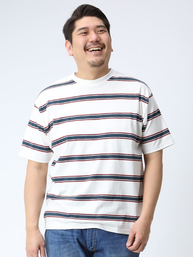 在庫処分 返品交換不可 大きいサイズ メンズ B＆T CLUB 綿100％ マルチボーダー クルーネック 半袖 Tシャツ