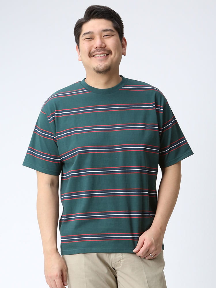 在庫処分 返品交換不可 大きいサイズ メンズ B＆T CLUB 綿100％ マルチボーダー クルーネック 半袖 Tシャツ