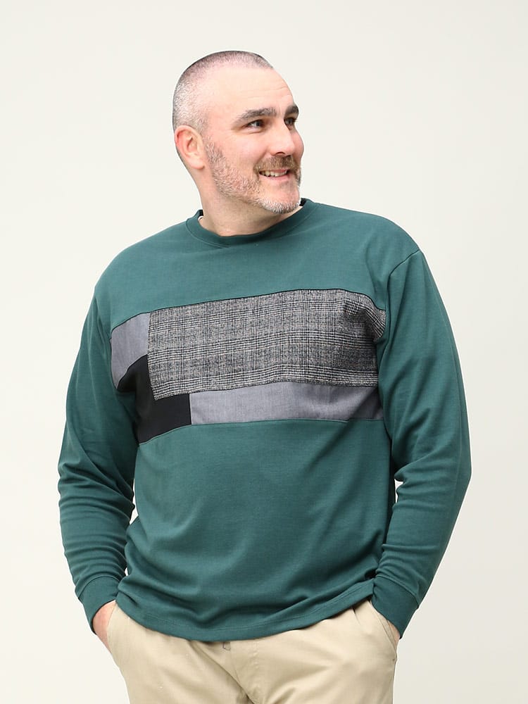 大きいサイズ メンズ B＆T CLUB (ビーアンドティークラブ) グレンチェック 切り替え クルーネック 長袖 Tシャツ