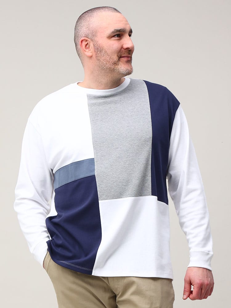 大きいサイズ メンズ B＆T CLUB (ビーアンドティークラブ) 異素材 切替 クルーネック 長袖 Tシャツ