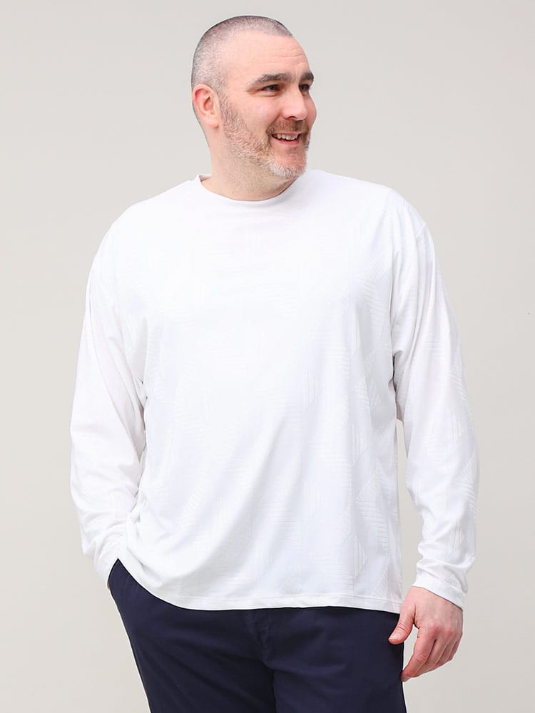 大きいサイズ メンズ B＆T CLUB (ビーアンドティークラブ) ジオメトリック 総柄 クルーネック 長袖 Tシャツ