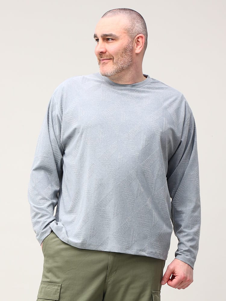大きいサイズ メンズ B＆T CLUB (ビーアンドティークラブ) ジオメトリック 総柄 クルーネック 長袖 Tシャツ