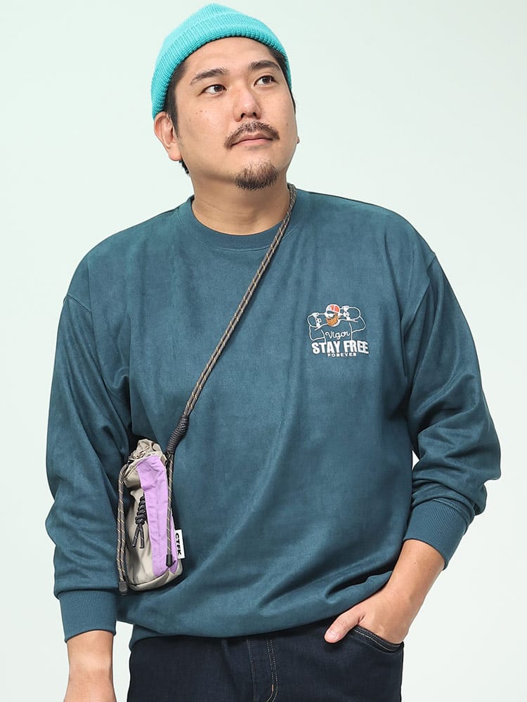 在庫処分 返品交換不可 ポンチスエード 刺繍 クルーネック トレーナー B＆T CLUB 大きいサイズ メンズ