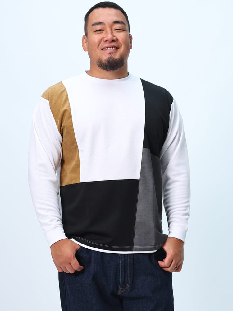 長袖 Tシャツ ポンチ 斜め切替 クルーネック トップス ロンT 大きいサイズ メンズ