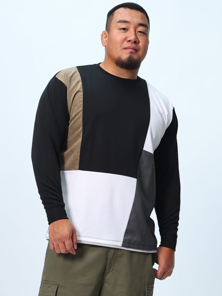 長袖 Tシャツ ポンチ 斜め切替 クルーネック トップス ロンT 大きいサイズ メンズ