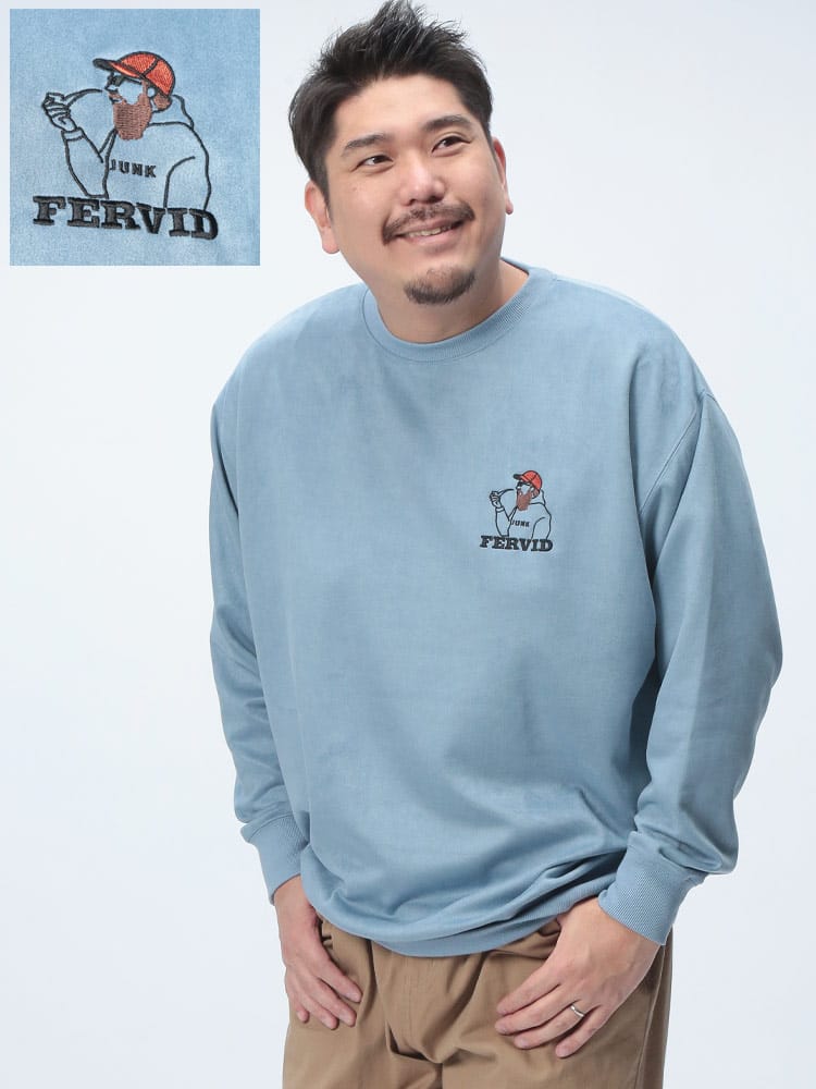 長袖 トレーナー ポンチスウェード 髭刺繍 クルーネックトップス  プルオーバー スウェット プリント 大きいサイズ メンズ