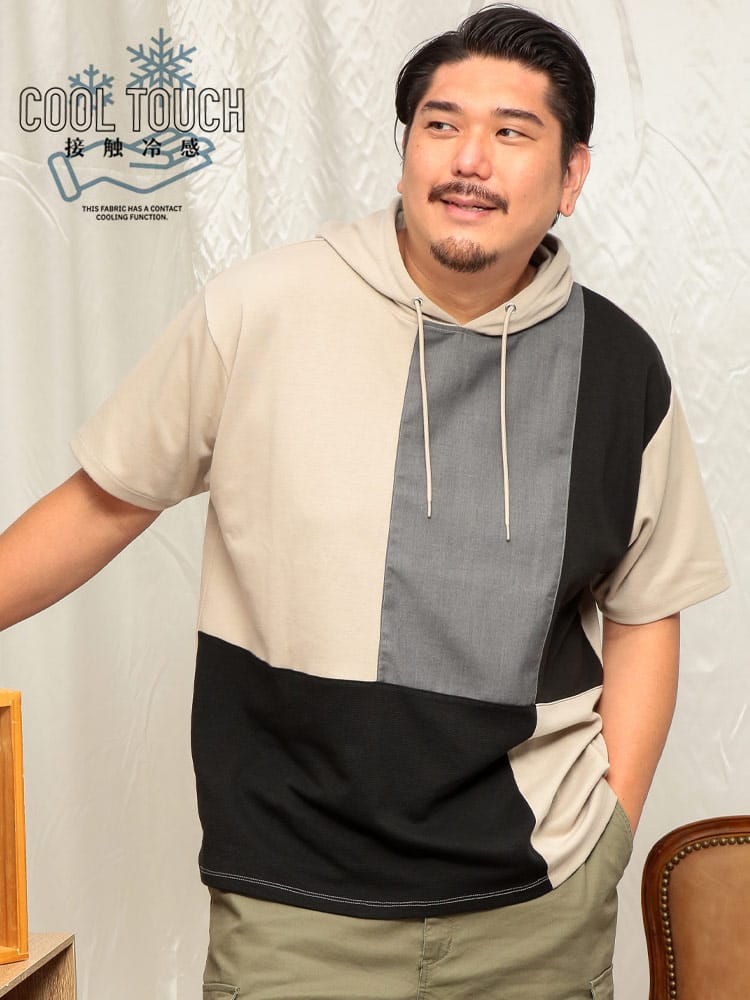  5分袖 プルオーバー パーカー 接触冷感 切り替え トップス フード 涼しい 春 夏 大きいサイズ メンズ