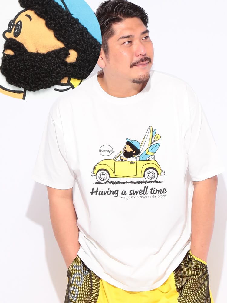 再生ポリエステル 接触冷感 吸水速乾 UVカット加工 アフロサーフプリント クルーネック 半袖 Tシャツ 大きいサイズ メンズ