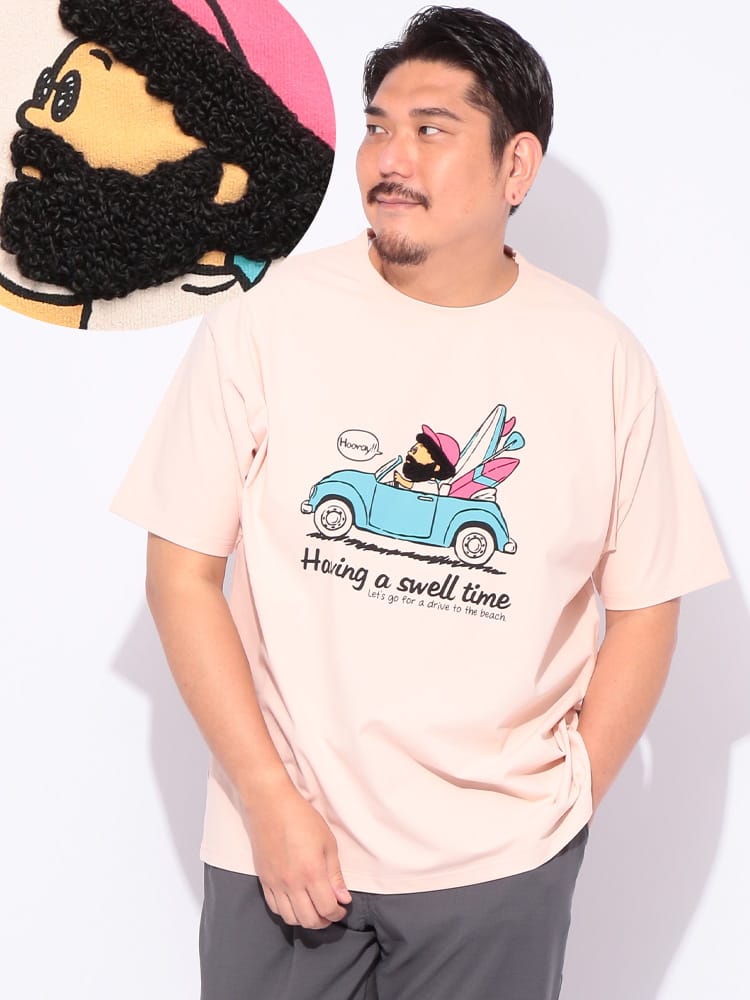 再生ポリエステル 接触冷感 吸水速乾 UVカット加工 アフロサーフプリント クルーネック 半袖 Tシャツ 大きいサイズ メンズ